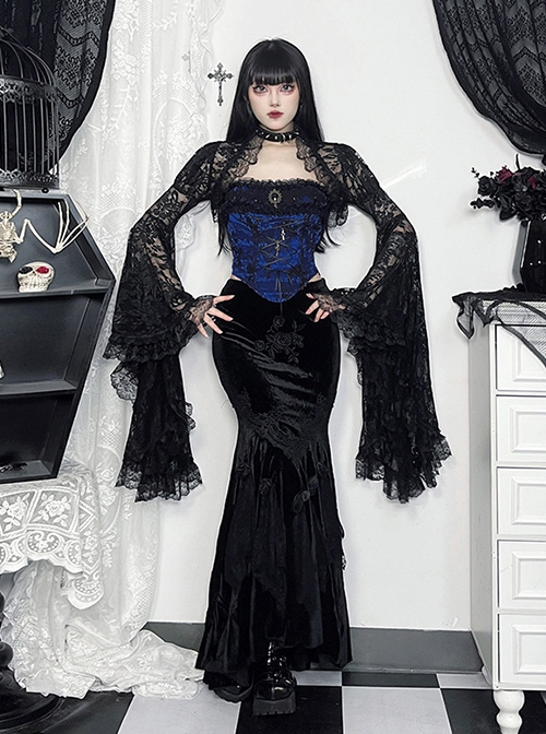 Retro Blue Woven Front Center Exquisite Gem With Cross Decoration Punk Style Lace Versatile Corset