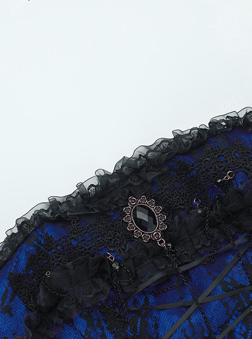 Retro Blue Woven Front Center Exquisite Gem With Cross Decoration Punk Style Lace Versatile Corset