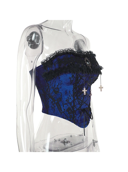 Retro Blue Woven Front Center Exquisite Gem With Cross Decoration Punk Style Lace Versatile Corset