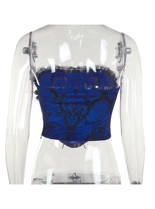 Retro Blue Woven Front Center Exquisite Gem With Cross Decoration Punk Style Lace Versatile Corset