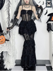 Sexy Black Micro Transparent Mesh Splicing Printed Woven Chest Cross Decoration Punk Style Sleeveless Suspender Dress