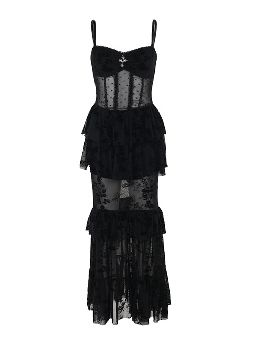 Sexy Black Micro Transparent Mesh Splicing Printed Woven Chest Cross Decoration Punk Style Sleeveless Suspender Dress