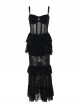 Sexy Black Micro Transparent Mesh Splicing Printed Woven Chest Cross Decoration Punk Style Sleeveless Suspender Dress