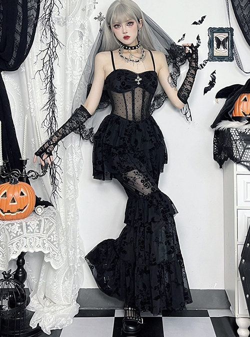 Sexy Black Micro Transparent Mesh Splicing Printed Woven Chest Cross Decoration Punk Style Sleeveless Suspender Dress