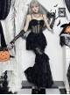 Sexy Black Micro Transparent Mesh Splicing Printed Woven Chest Cross Decoration Punk Style Sleeveless Suspender Dress