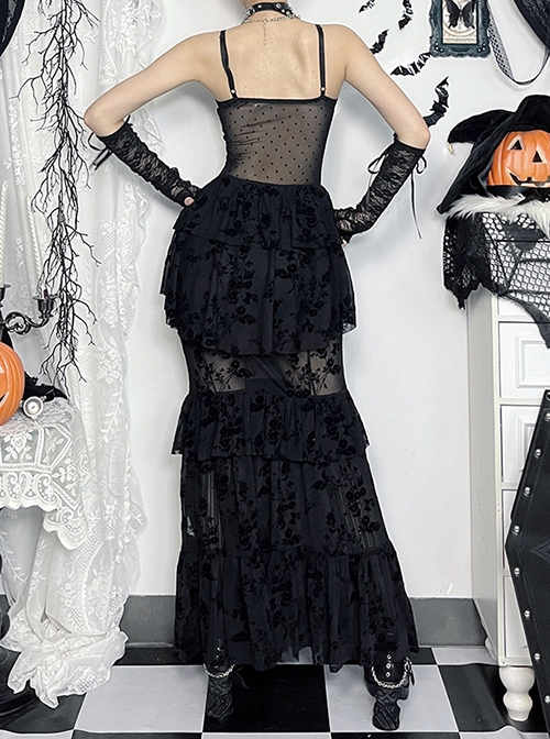Sexy Black Micro Transparent Mesh Splicing Printed Woven Chest Cross Decoration Punk Style Sleeveless Suspender Dress