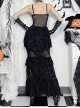 Sexy Black Micro Transparent Mesh Splicing Printed Woven Chest Cross Decoration Punk Style Sleeveless Suspender Dress