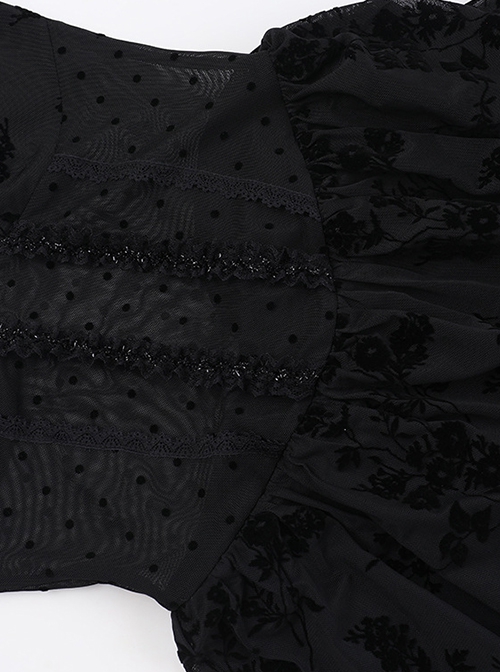 Sexy Black Micro Transparent Mesh Splicing Printed Woven Chest Cross Decoration Punk Style Sleeveless Suspender Dress
