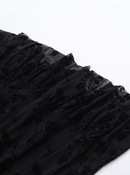 Sexy Black Micro Transparent Mesh Splicing Printed Woven Chest Cross Decoration Punk Style Sleeveless Suspender Dress