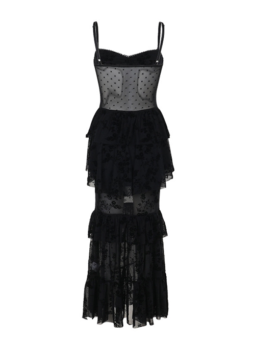 Sexy Black Micro Transparent Mesh Splicing Printed Woven Chest Cross Decoration Punk Style Sleeveless Suspender Dress