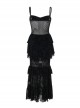 Sexy Black Micro Transparent Mesh Splicing Printed Woven Chest Cross Decoration Punk Style Sleeveless Suspender Dress