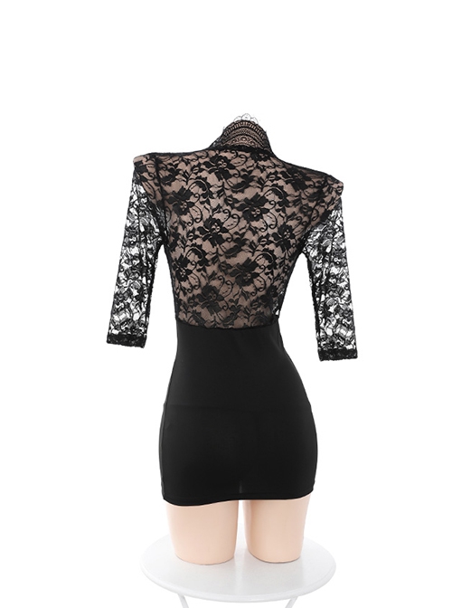 Black See-Through Lace Deep V Secretary Style Tight Hip Mini Dress Plus Size Sexy Lingerie Set