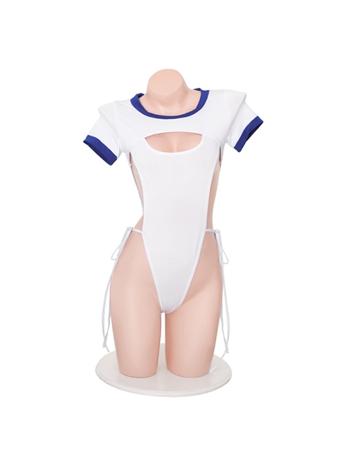 Side Waist Hollow Sports Style Exposed Buttocks Snap Button Open Crotch White Jumpsuit Plus Size Sexy Lingerie