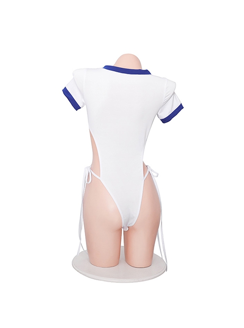 Side Waist Hollow Sports Style Exposed Buttocks Snap Button Open Crotch White Jumpsuit Plus Size Sexy Lingerie