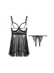 Black Transparent Tulle Exposed Chest With Underwire Backless Nightdress Lace Open Crotch T-Pants Plus Size Sexy Lingerie Set