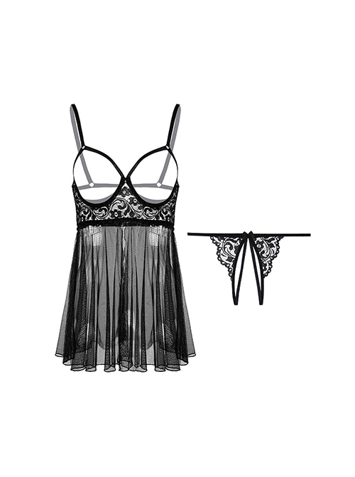 Black Transparent Tulle Exposed Chest With Underwire Backless Nightdress Lace Open Crotch T-Pants Plus Size Sexy Lingerie Set