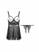 Black Transparent Tulle Exposed Chest With Underwire Backless Nightdress Lace Open Crotch T-Pants Plus Size Sexy Lingerie Set