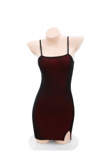 Tulle Covered Stretch Knit Black Red Tube Slit Hip-wrapped Hem Tight Suspender Dress Plus Size Sexy Lingerie Set