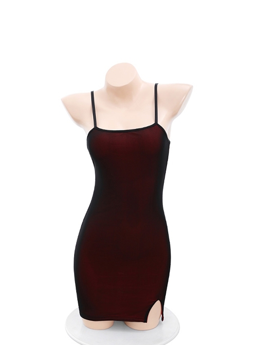 Tulle Covered Stretch Knit Black Red Tube Slit Hip-wrapped Hem Tight Suspender Dress Plus Size Sexy Lingerie Set