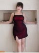 Tulle Covered Stretch Knit Black Red Tube Slit Hip-wrapped Hem Tight Suspender Dress Plus Size Sexy Lingerie Set