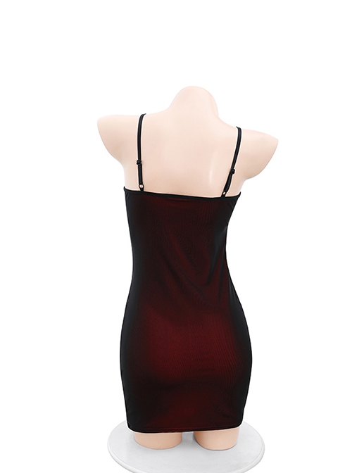 Tulle Covered Stretch Knit Black Red Tube Slit Hip-wrapped Hem Tight Suspender Dress Plus Size Sexy Lingerie Set
