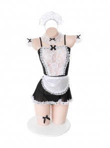 Chest See-Through Rose Lace Exposed Buttocks Black White Sweet Ruffle Maid Outfit Plus Size Sexy Lingerie Set