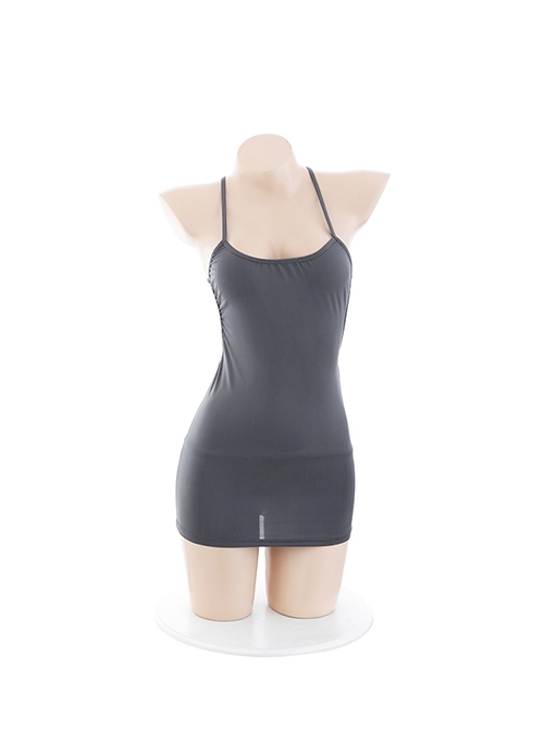 Low-cut Backless Gray See-Through Ice Silk Mini Hip Dress Plus Size Sexy Lingerie Set