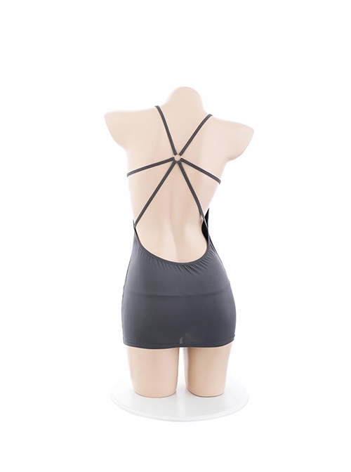 Low-cut Backless Gray See-Through Ice Silk Mini Hip Dress Plus Size Sexy Lingerie Set
