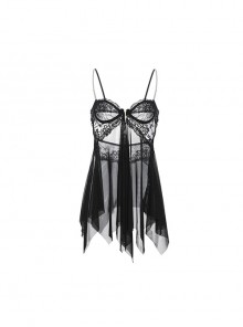 Black Lace Front Opening See-Through Tulle Hem With Underwire Suspender Nightdress Plus Size Sexy Lingerie Set