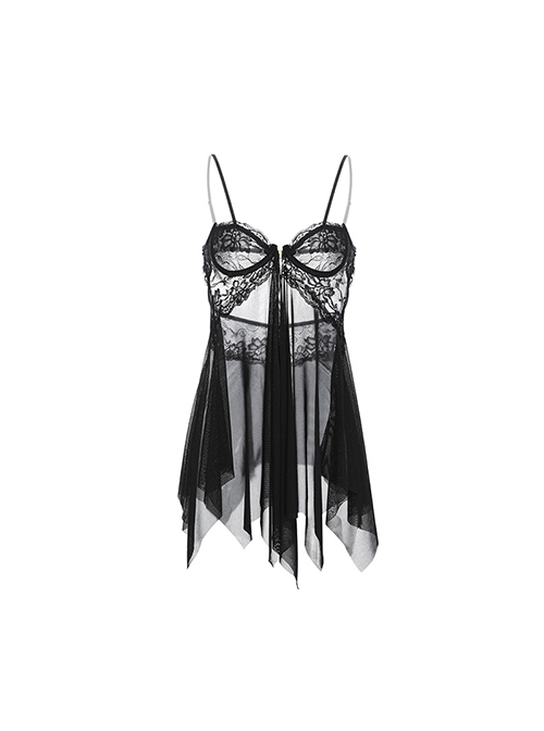 Black Lace Front Opening See-Through Tulle Hem With Underwire Suspender Nightdress Plus Size Sexy Lingerie Set