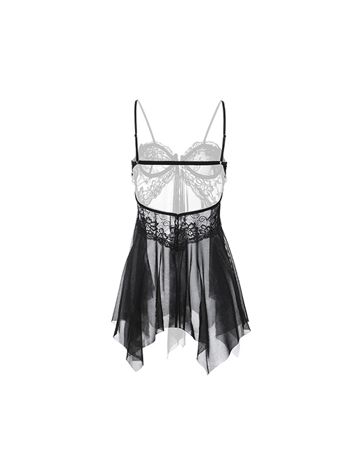 Black Lace Front Opening See-Through Tulle Hem With Underwire Suspender Nightdress Plus Size Sexy Lingerie Set