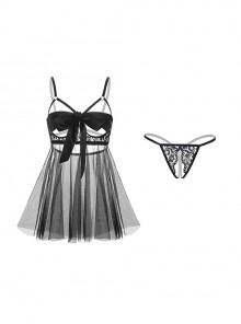 Bow Half-Exposed Chest Ribbon Wrapped Chest With Underwire Back Slit Hem Nightdress Open Crotch T-pants Plus Size Sexy Lingerie Set