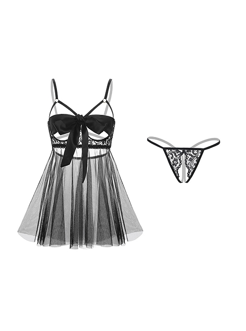 Bow Half-Exposed Chest Ribbon Wrapped Chest With Underwire Back Slit Hem Nightdress Open Crotch T-pants Plus Size Sexy Lingerie Set