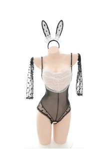 White See-Through Lace Stitching Black Polka Dot Tulle Cute Bunny Girl Exposed Buttocks Open Crotch Jumpsuit Plus Size Sexy Lingerie Set