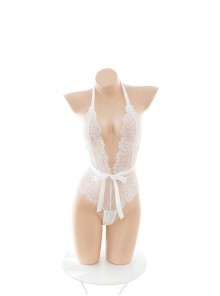 See-Through White Flower Vine Eyelash Lace Deep V Open Crotch Exposed Buttocks Jumpsuit Plus Size Sexy Lingerie