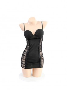Black Tulle With Underwire Cotton Pads Spliced ​​​​Pleated Transparent Yarn Suspender Nightdress Plus Size Sexy Lingerie Set