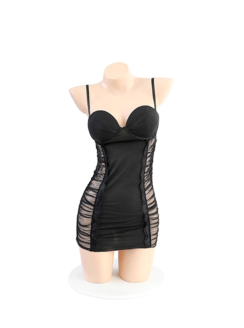 Black Tulle With Underwire Cotton Pads Spliced Pleated Transparent Yarn Suspender Nightdress Plus Size Sexy Lingerie Set