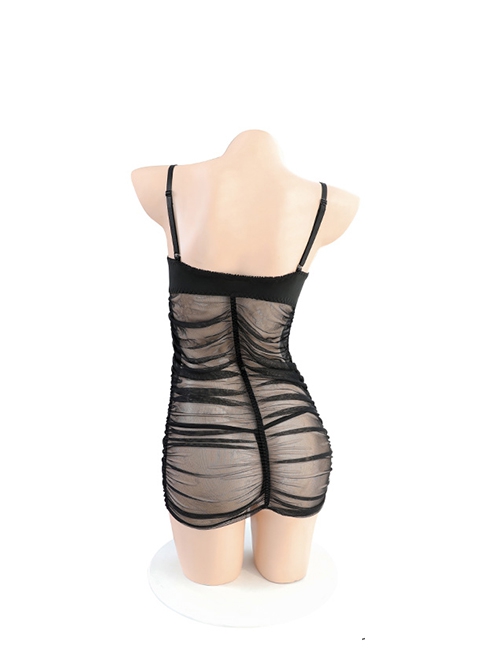 Black Tulle With Underwire Cotton Pads Spliced Pleated Transparent Yarn Suspender Nightdress Plus Size Sexy Lingerie Set