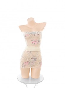Japanese Style Tube Top Embroidery Print See-Through Mesh Yarn Kimono Bow Girdle Plus Size Sexy Lingerie Set