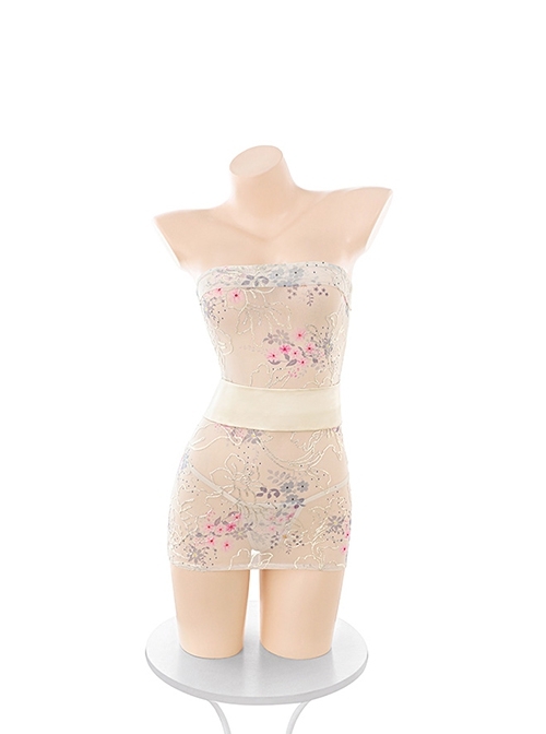 Japanese Style Tube Top Embroidery Print See-Through Mesh Yarn Kimono Bow Girdle Plus Size Sexy Lingerie Set