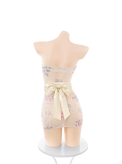 Japanese Style Tube Top Embroidery Print See-Through Mesh Yarn Kimono Bow Girdle Plus Size Sexy Lingerie Set