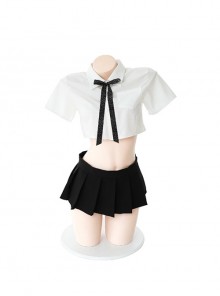 Polka Dot Bow Tie Transparent Yarn Backless Short Top Mini Pleated Skirt Cute Student Outfit Plus Size Sexy Lingerie Set