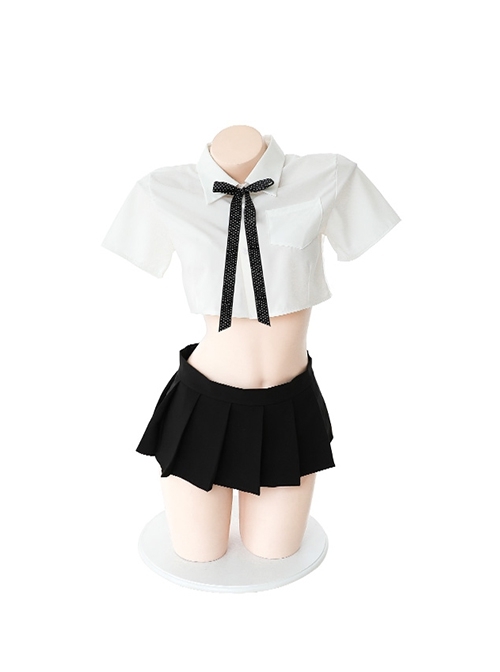 Polka Dot Bow Tie Transparent Yarn Backless Short Top Mini Pleated Skirt Cute Student Outfit Plus Size Sexy Lingerie Set