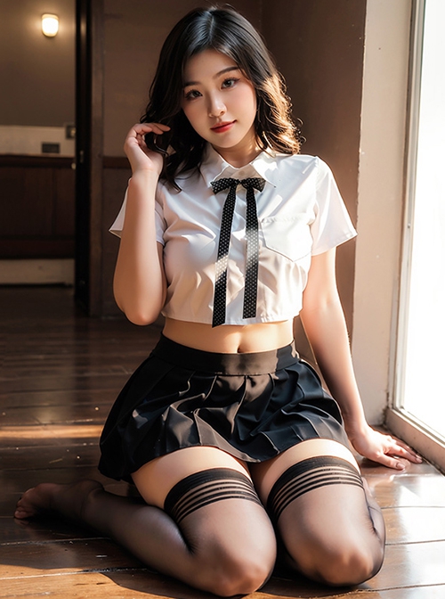 Polka Dot Bow Tie Transparent Yarn Backless Short Top Mini Pleated Skirt Cute Student Outfit Plus Size Sexy Lingerie Set