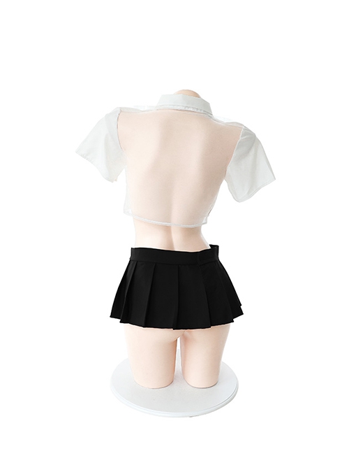 Polka Dot Bow Tie Transparent Yarn Backless Short Top Mini Pleated Skirt Cute Student Outfit Plus Size Sexy Lingerie Set
