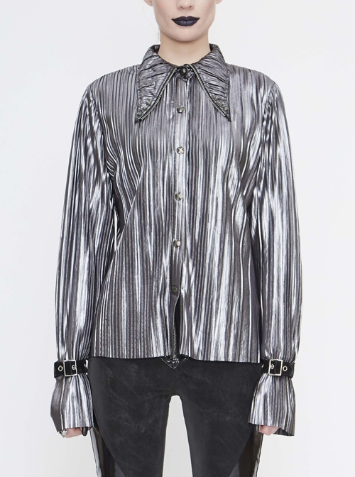 Silver Bright Pleated Pointed Collar Leather Loops Metal Buckles Cuff Punk Shirt