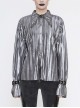 Silver Bright Pleated Pointed Collar Leather Loops Metal Buckles Cuff Punk Shirt