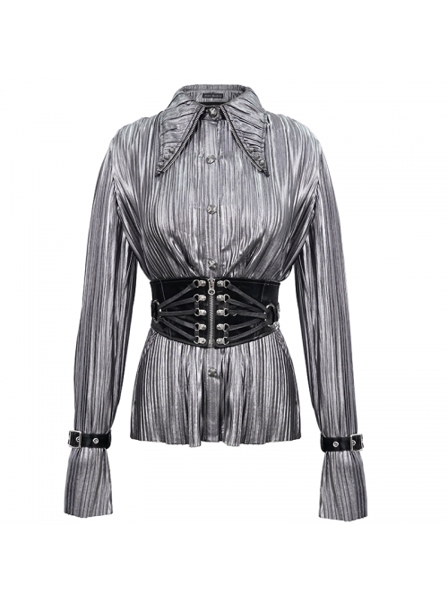 Silver Bright Pleated Pointed Collar Leather Loops Metal Buckles Cuff Punk Shirt