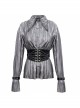 Silver Bright Pleated Pointed Collar Leather Loops Metal Buckles Cuff Punk Shirt