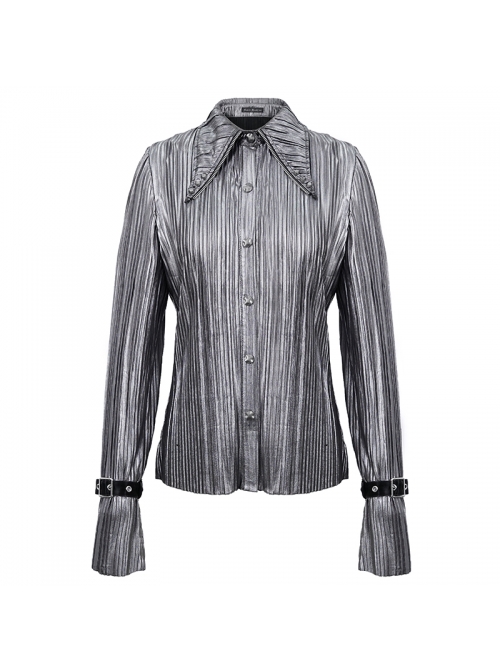 Silver Bright Pleated Pointed Collar Leather Loops Metal Buckles Cuff Punk Shirt